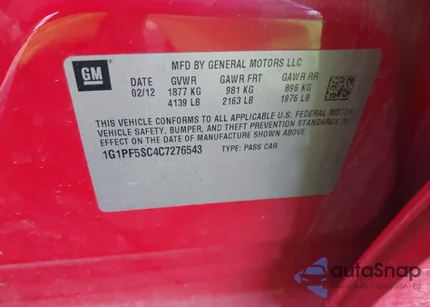 2012 Chevrolet Cruze 1Lt from USA, damaged, VIN 1G1PF5SC4C7276543